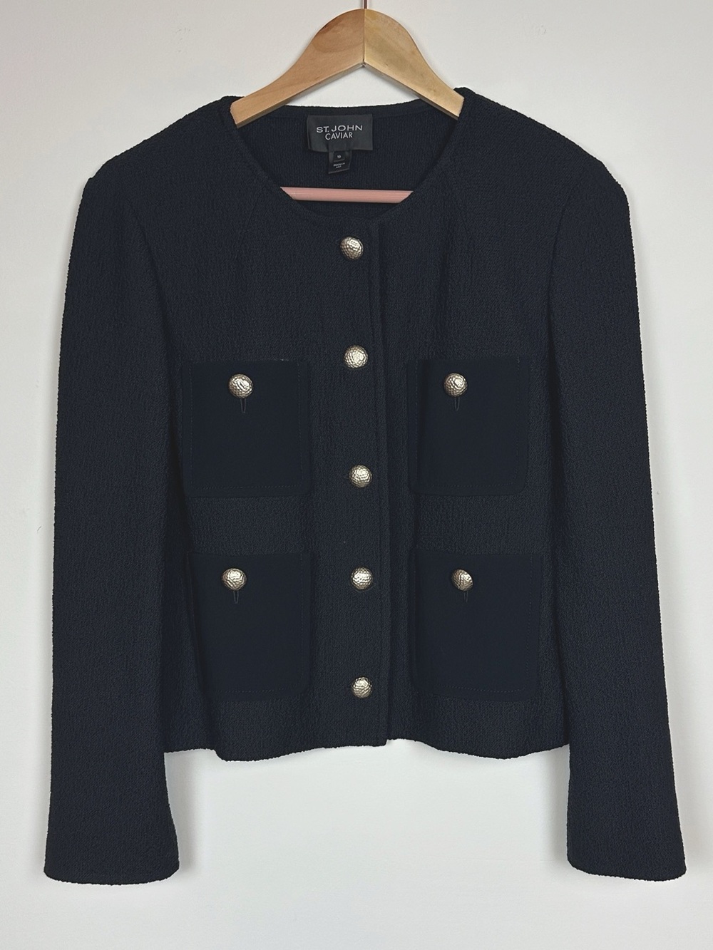 St John Caviar Black Wool Blend Knit Long Blazer Gold Buttons Sz 10